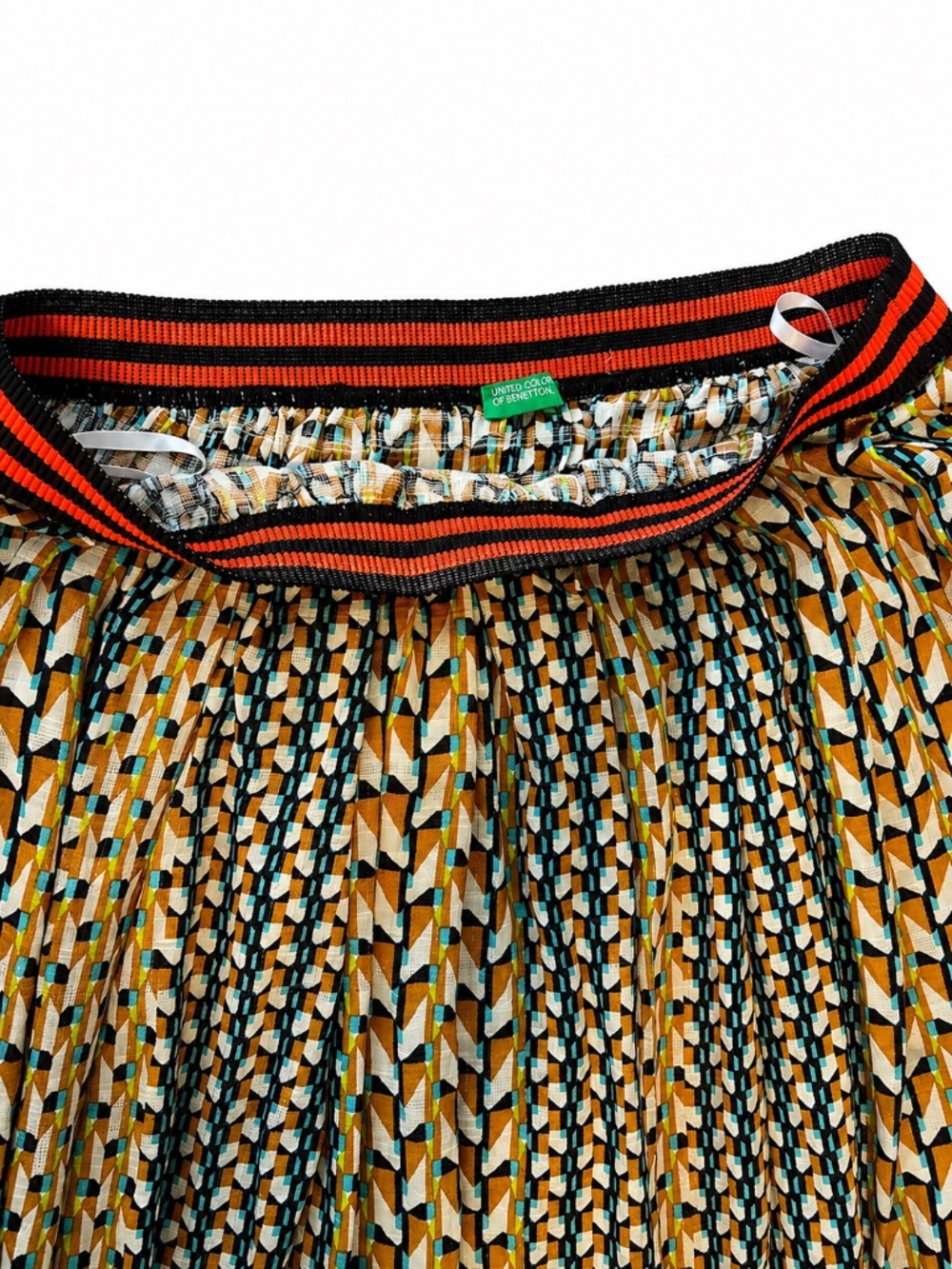 Benetton Pleated Maxi Skirt Women’s L Geometric Print Elastic Waist - Picture 4 of 6